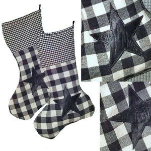 OOAK Handmade Black White Buffalo Plaid & Leather Christmas Stockings Farmhouse